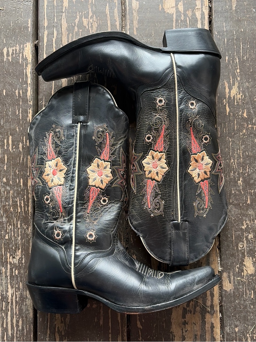 Vintage JB Dillon Western Boots Womens Size 7.5B Leather Black Embroidered